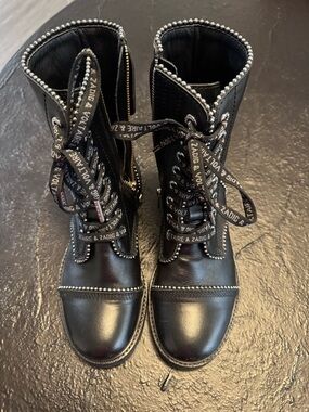 Zadig & Voltaire Black Leather Lace-Up Boots with Stud Trim